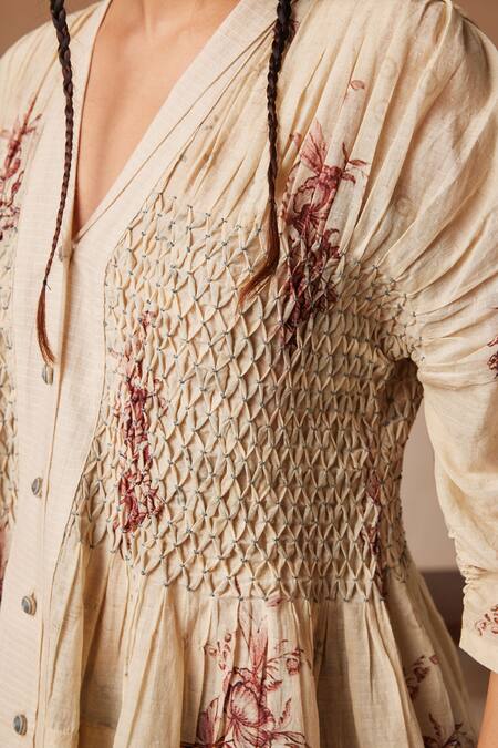 Shop_Cord_Pink Cotton Embroidery V-neck Jade Floral Print Top_Online_at_Aza_Fashions