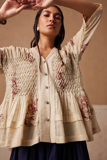 Cord_Pink Cotton Embroidery V-neck Jade Floral Print Top_at_Aza_Fashions