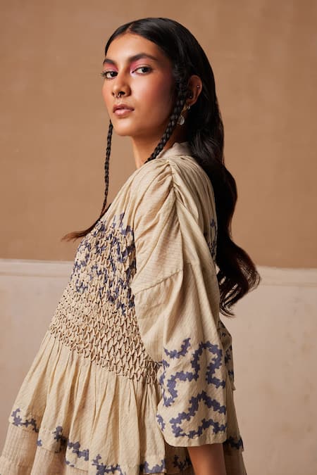 Cord_White Cotton Embroidery V-neck Jade Spiral Print Top _Online_at_Aza_Fashions