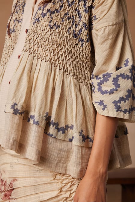 Shop_Cord_White Cotton Embroidery V-neck Jade Spiral Print Top _Online_at_Aza_Fashions