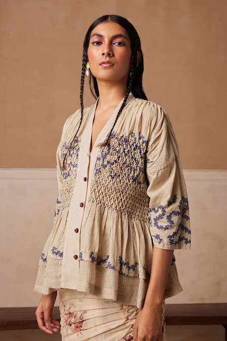 Cord_White Cotton Embroidery V-neck Jade Spiral Print Top _at_Aza_Fashions