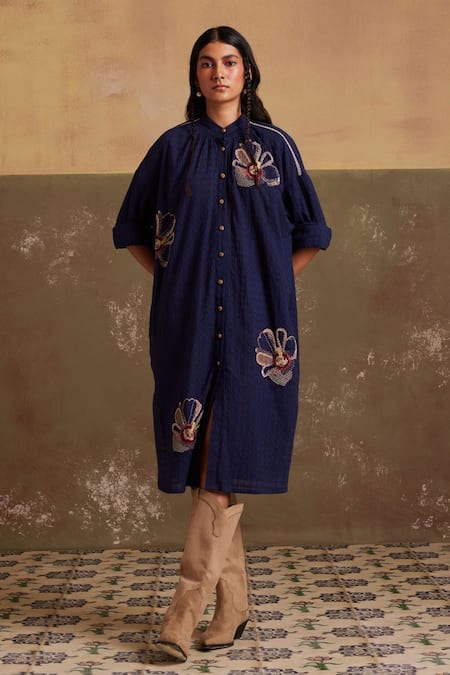 Cord Cotton Thread Placement Embroidered Kaftan Shirt Dress 