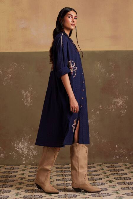 Cord_Blue Cotton Embroidery Bandeau Neck Thread Placement Kaftan Shirt Dress_Online_at_Aza_Fashions