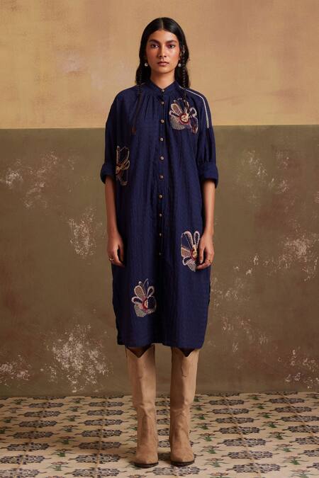Buy_Cord_Blue Cotton Embroidery Bandeau Neck Thread Placement Kaftan Shirt Dress_Online_at_Aza_Fashions