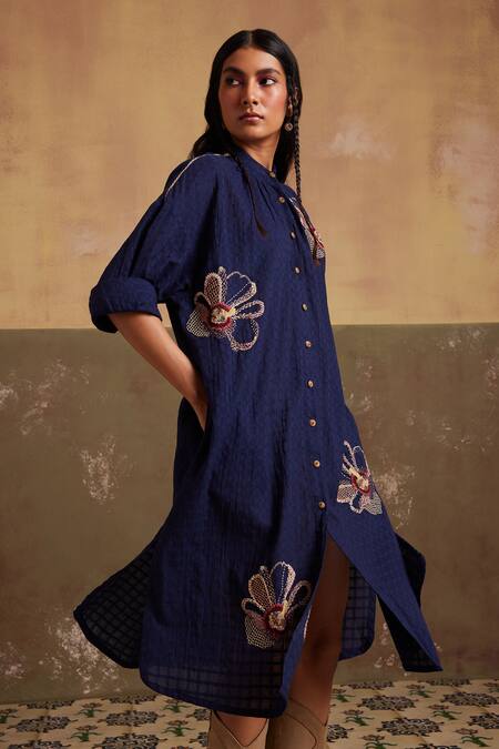 Cord_Blue Cotton Embroidery Bandeau Neck Thread Placement Kaftan Shirt Dress_at_Aza_Fashions