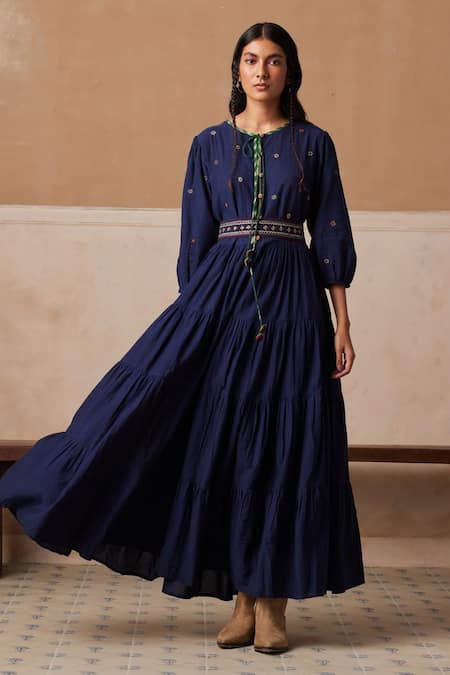 Cord Blue Cotton Embroidery Thread Keyhole Luna Dress With Belt 