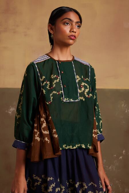 Cord_Emerald Green Cotton Round Neck Maison Printed Top_Online_at_Aza_Fashions