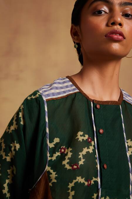 Buy_Cord_Emerald Green Cotton Round Neck Maison Printed Top_Online_at_Aza_Fashions