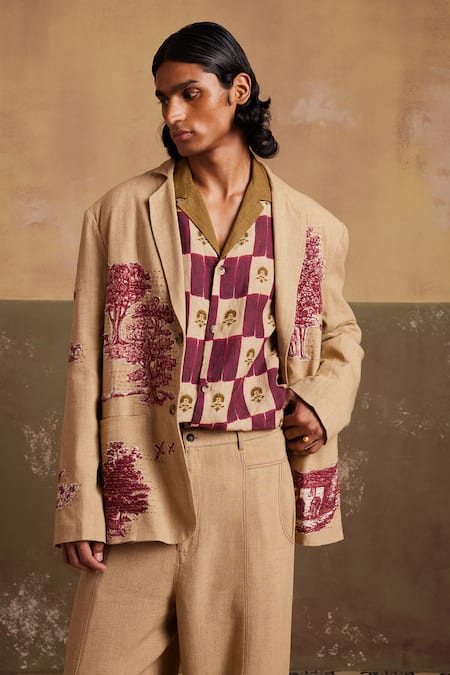 Shop Cord Beige Linen Embroidery Odyssey Toile Print Blazer With Pant at Aza Fashions Shop_Cord_Beige Linen Embroidery Odyssey Toile Print Blazer With Pant_at_Aza_Fashions