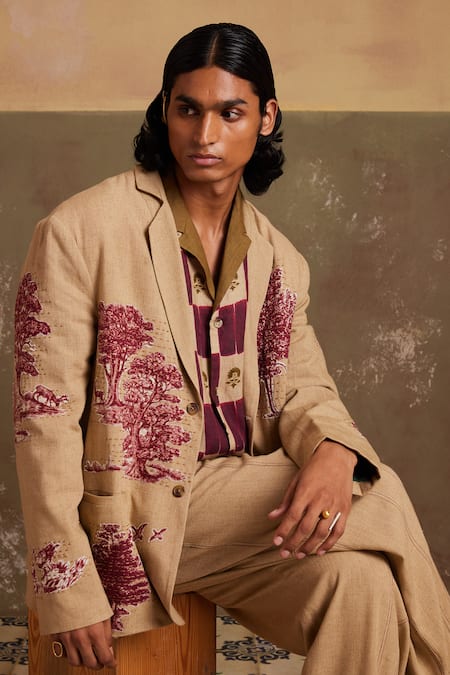 Cord Beige Linen Embroidery Odyssey Toile Print Blazer With Pant Online at Aza Fashions Cord_Beige Linen Embroidery Odyssey Toile Print Blazer With Pant_Online_at_Aza_Fashions