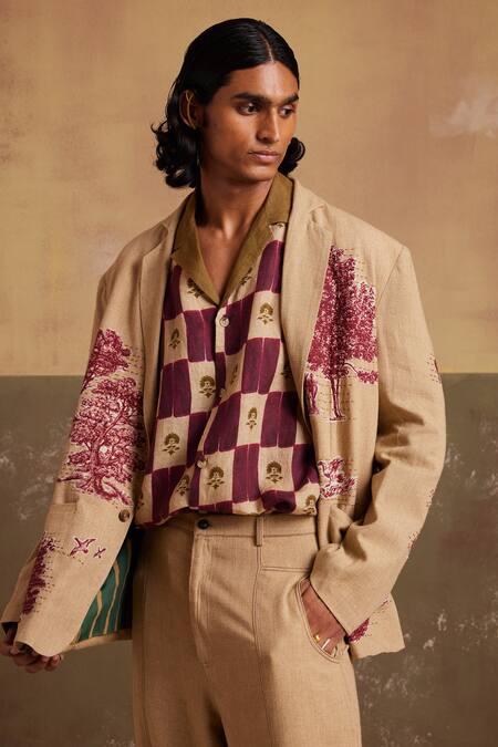Shop_Cord_Beige Linen Embroidery Odyssey Toile Print Blazer _at_Aza_Fashions