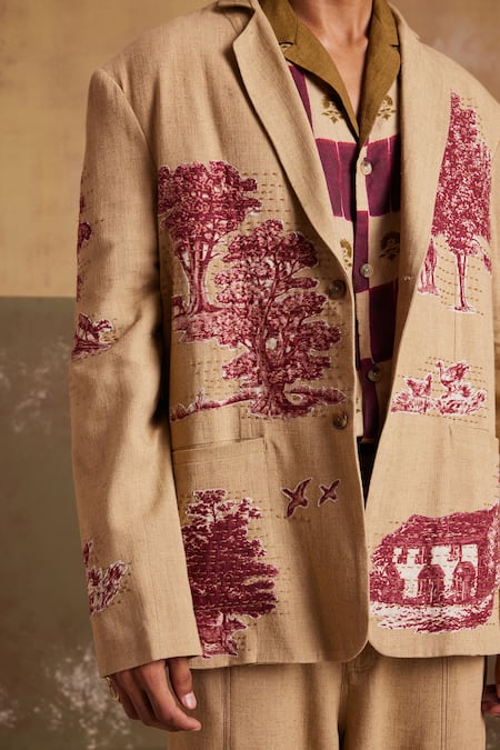 Cord_Beige Linen Embroidery Odyssey Toile Print Blazer _Online_at_Aza_Fashions