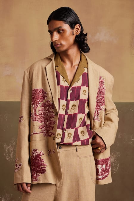 Buy_Cord_Beige Linen Embroidery Odyssey Toile Print Blazer _Online_at_Aza_Fashions