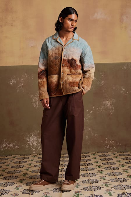 Cord_Multi Color Linen Blotch Print Quilted Jacket_Online_at_Aza_Fashions