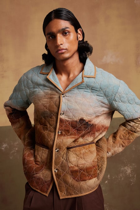 Buy_Cord_Multi Color Linen Blotch Print Quilted Jacket_Online_at_Aza_Fashions