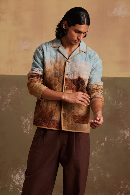 Shop_Cord_Multi Color Linen Blotch Print Quilted Jacket_Online_at_Aza_Fashions