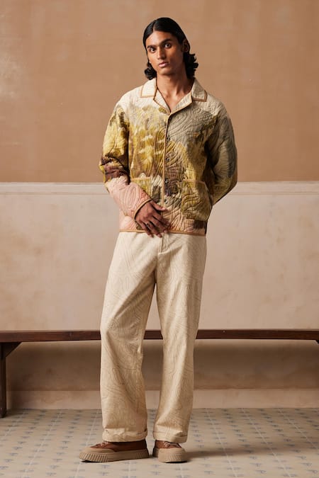 Shop_Cord_Multi Color Linen Dale Print Quilted Jacket_Online_at_Aza_Fashions