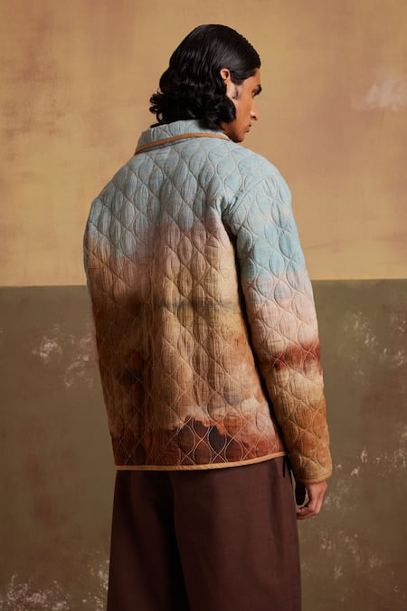Shop Cord Multi Color Linen Blotch Print Quilted Jacket With Trouser at Aza Fashions Shop_Cord_Multi Color Linen Blotch Print Quilted Jacket With Trouser_at_Aza_Fashions