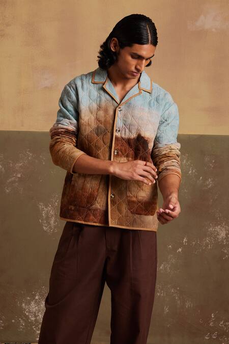 Buy Cord Multi Color Linen Blotch Print Quilted Jacket With Trouser Online at Aza Fashions Buy_Cord_Multi Color Linen Blotch Print Quilted Jacket With Trouser_Online_at_Aza_Fashions