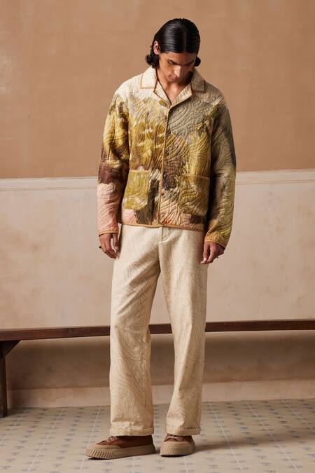Buy Cord Multi Color Linen Embroidery Dale Print Quilted Jacket With Pant Online at Aza Fashions Buy_Cord_Multi Color Linen Embroidery Dale Print Quilted Jacket With Pant_Online_at_Aza_Fashions