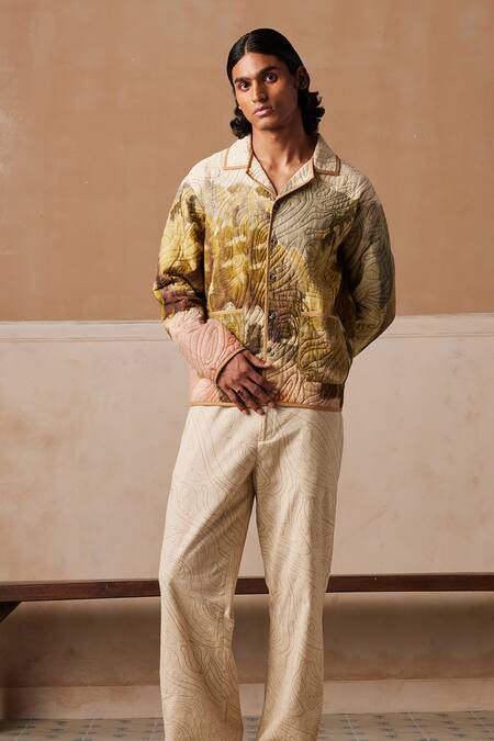 Shop_Cord_Multi Color Linen Embroidery Dale Print Quilted Jacket With Pant_Online_at_Aza_Fashions