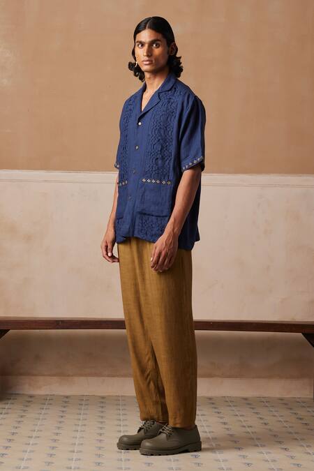 Cord_Blue Linen Embroidery Textured Shirt_Online_at_Aza_Fashions