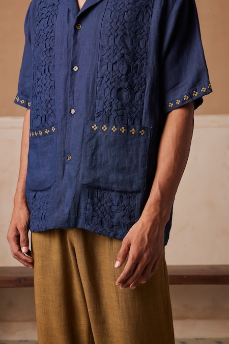 Buy_Cord_Blue Linen Embroidery Textured Shirt_Online_at_Aza_Fashions