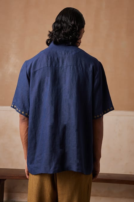 Shop_Cord_Blue Linen Embroidery Textured Shirt_Online_at_Aza_Fashions