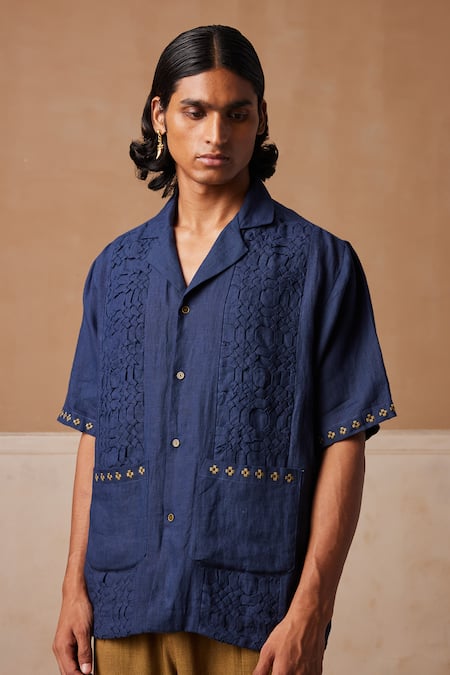 Cord_Blue Linen Embroidery Textured Shirt_at_Aza_Fashions