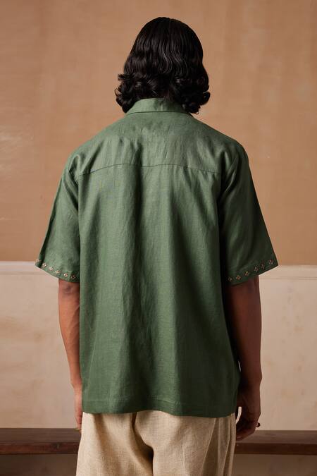 Shop_Cord_Green Linen Embroidery Textured Shirt _at_Aza_Fashions