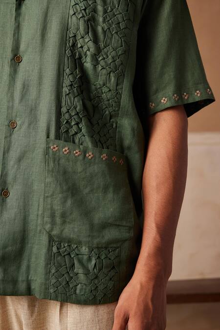 Cord_Green Linen Embroidery Textured Shirt _Online_at_Aza_Fashions