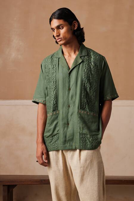 Buy_Cord_Green Linen Embroidery Textured Shirt _Online_at_Aza_Fashions