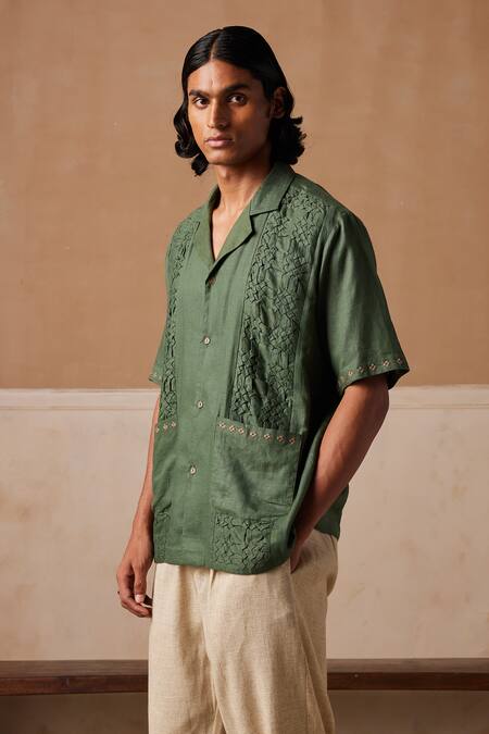 Shop_Cord_Green Linen Embroidery Textured Shirt _Online_at_Aza_Fashions
