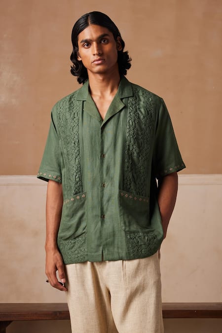 Cord_Green Linen Embroidery Textured Shirt _at_Aza_Fashions