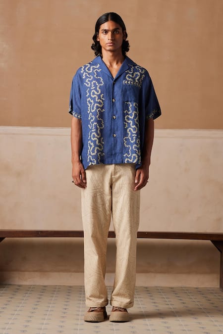 Cord_Blue Linen Geometric Spiral Print Shirt_Online_at_Aza_Fashions