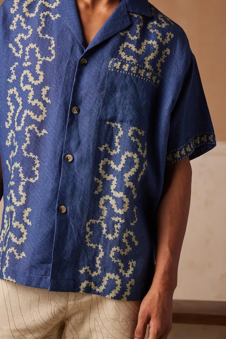 Buy_Cord_Blue Linen Geometric Spiral Print Shirt_Online_at_Aza_Fashions