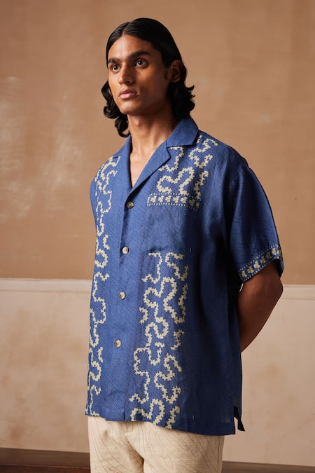 Shop_Cord_Blue Linen Geometric Spiral Print Shirt_Online_at_Aza_Fashions