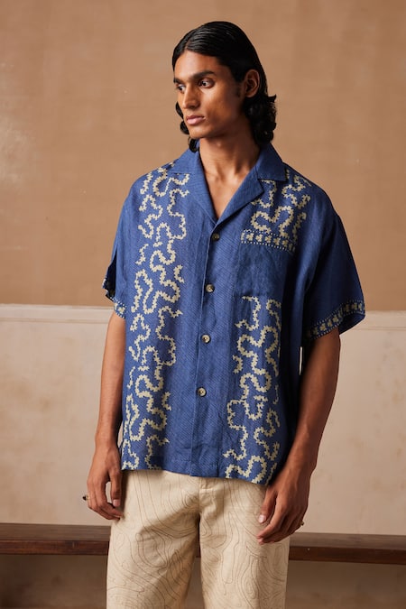 Cord_Blue Linen Geometric Spiral Print Shirt_at_Aza_Fashions