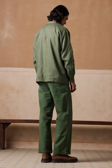 Shop_Cord_Green Linen Plain Straight Pant _at_Aza_Fashions