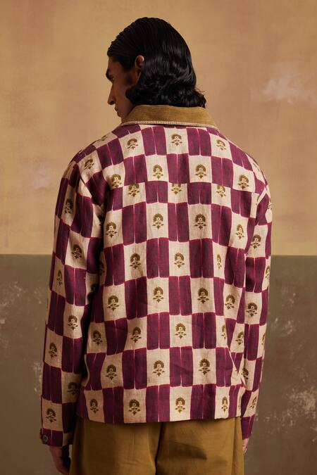Shop Cord Multi Color Linen Embroidery Archive Stamp Checkered Jacket at Aza Fashions Shop_Cord_Multi Color Linen Embroidery Archive Stamp Checkered Jacket_at_Aza_Fashions