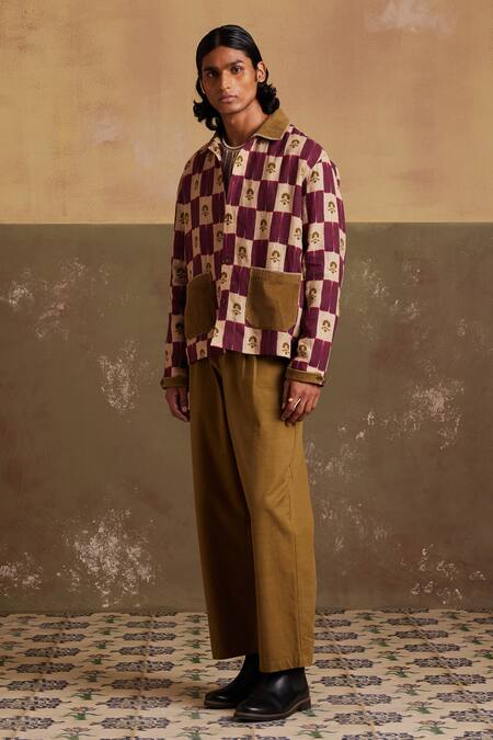 Buy Cord Multi Color Linen Embroidery Archive Stamp Checkered Jacket Online at Aza Fashions Buy_Cord_Multi Color Linen Embroidery Archive Stamp Checkered Jacket_Online_at_Aza_Fashions