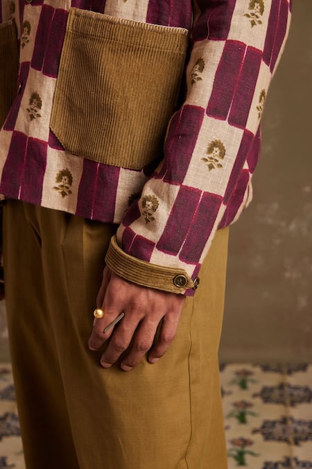 Shop Cord Multi Color Linen Embroidery Archive Stamp Checkered Jacket Online at Aza Fashions Shop_Cord_Multi Color Linen Embroidery Archive Stamp Checkered Jacket_Online_at_Aza_Fashions