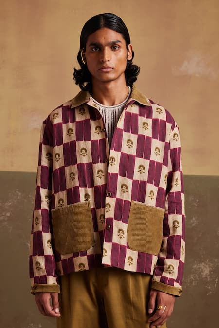 Cord_Multi Color Linen Embroidery Archive Stamp Checkered Jacket_at_Aza_Fashions