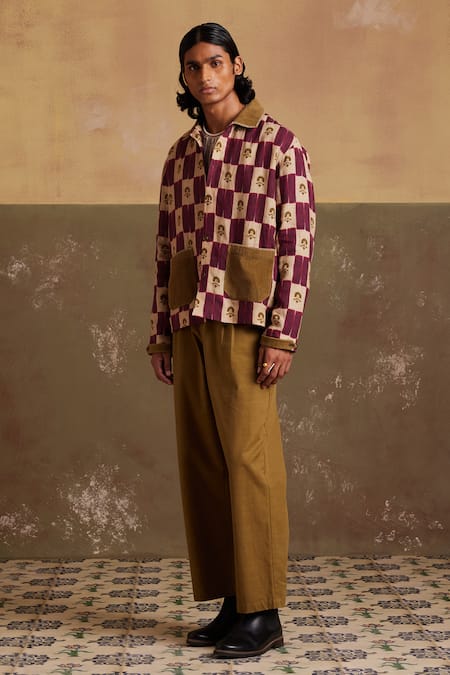 Shop Cord Multi Color Linen Embroidery Archive Checkered Jacket And Pant Set at Aza Fashions Shop_Cord_Multi Color Linen Embroidery Archive Checkered Jacket And Pant Set_at_Aza_Fashions