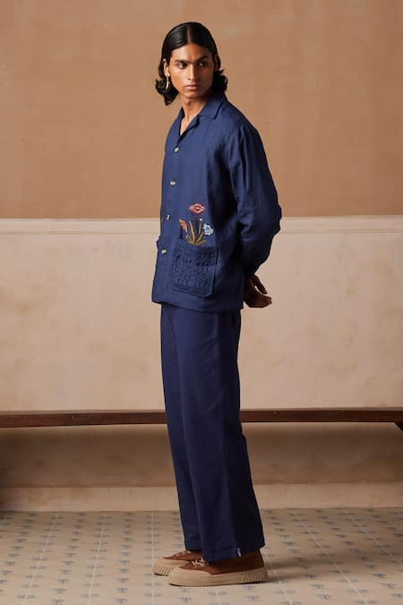 Cord_Blue Linen Embroidery Bloomer Shacket_Online_at_Aza_Fashions