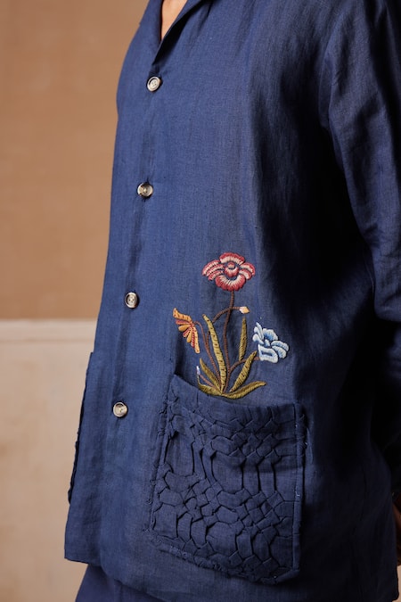 Buy_Cord_Blue Linen Embroidery Bloomer Shacket_Online_at_Aza_Fashions