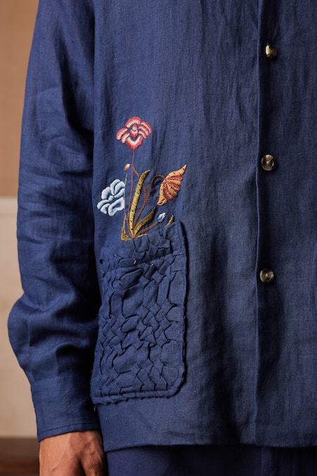 Shop_Cord_Blue Linen Embroidery Bloomer Shacket_Online_at_Aza_Fashions