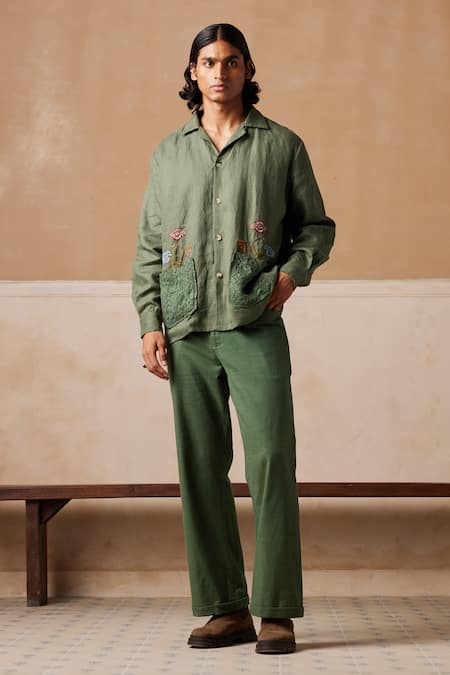 Cord_Green Linen Embroidery Bloomer Shacket _Online_at_Aza_Fashions