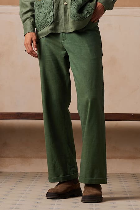Cord_Green Linen Embroidery Bloomer Shacket And Pant Set_Online_at_Aza_Fashions
