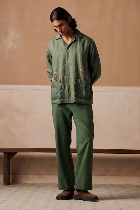 Buy_Cord_Green Linen Embroidery Bloomer Shacket And Pant Set_Online_at_Aza_Fashions